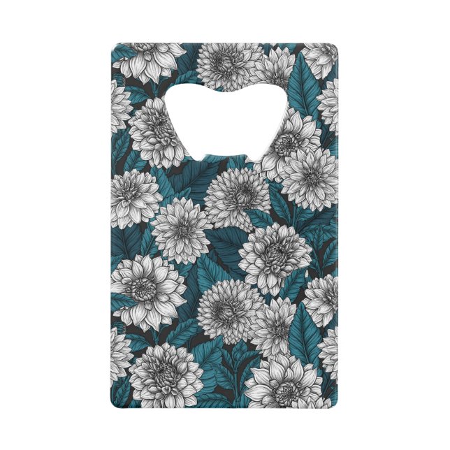 White Dahlia garden/ blue leaves Credit Card Bottle Opener (Front)