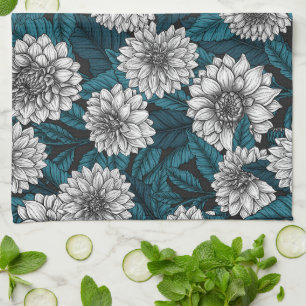 White Dahlia garden/ blue leaves Kitchen Towel