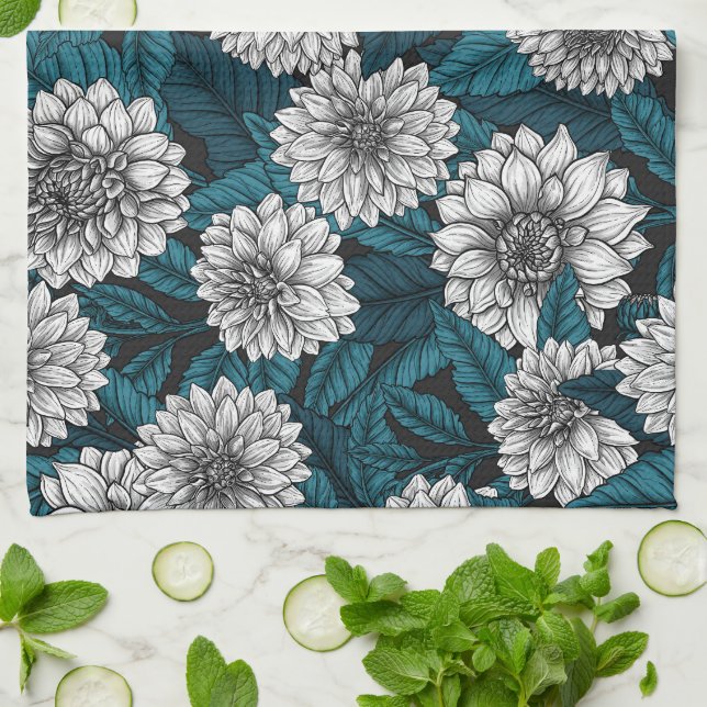 White Dahlia garden/ blue leaves Kitchen Towel (Folded)
