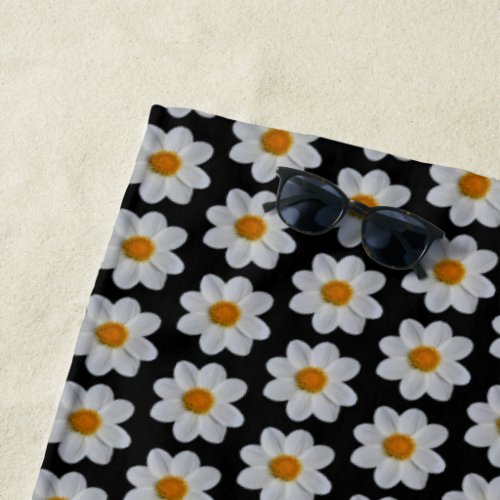 White Dahlia Pattern on Black Floral Beach Towel