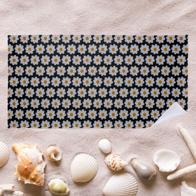 White Dahlia Pattern on Black Floral Beach Towel (In Situ Beach)