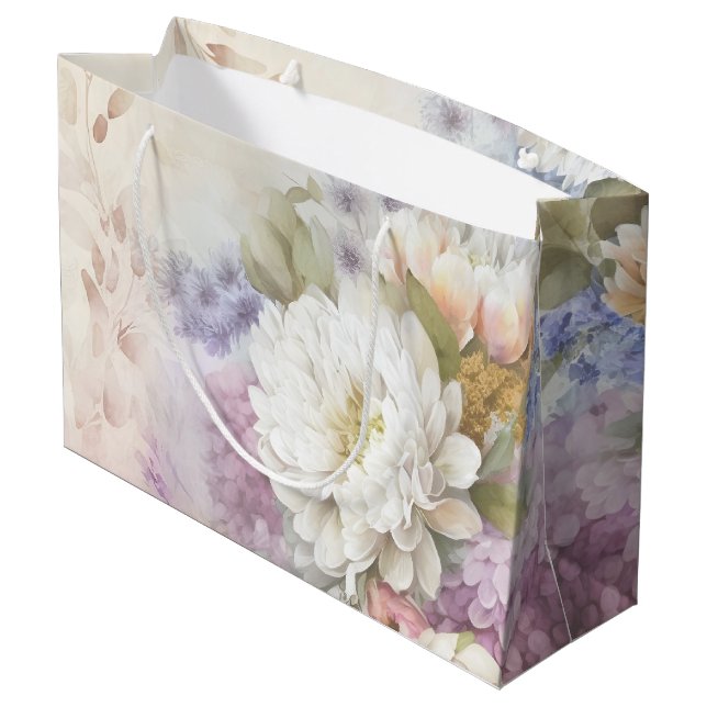 White Dahlia with Purple and Blue Accents Large Gift Bag (Back Angled)
