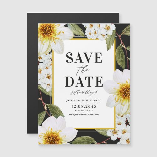 White Dahlias and Spireas Botanical Save The Date Magnetic Invitation