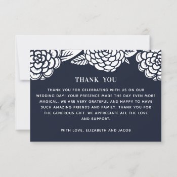 White Dahlias. Modern Navy Blue Floral Wedding Thank You Card by RemioniArt at Zazzle