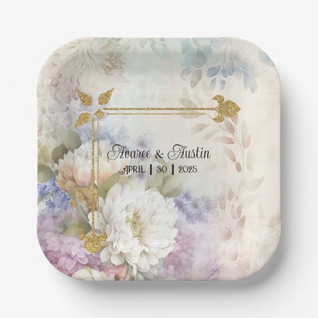 White Dahlias With Purple and Blue Accents Paper Plates (Front)