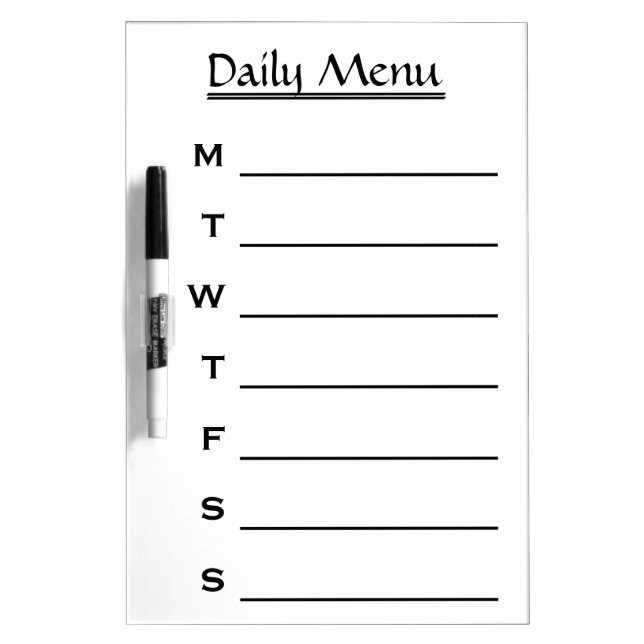 White Daily Menu Weekly Menu Dry Erase Board (Front)