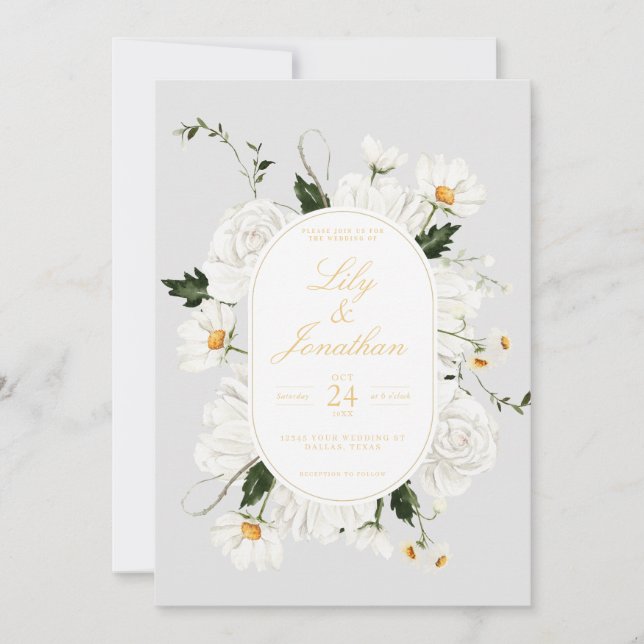 White Daisey and Roses Wedding Invitation (Front)