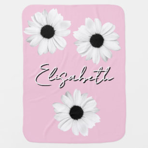 White daisies and baby's name on soft pink baby blanket