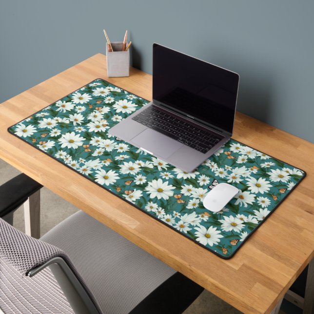 White Daisies and Butterflies Desk Mat (Office 2)