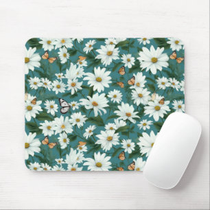White Daisies and Butterflies Mouse Pad