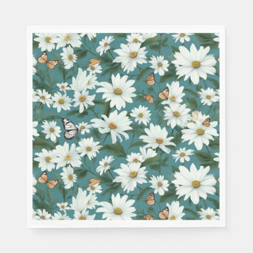 White Daisies and Butterflies Napkins