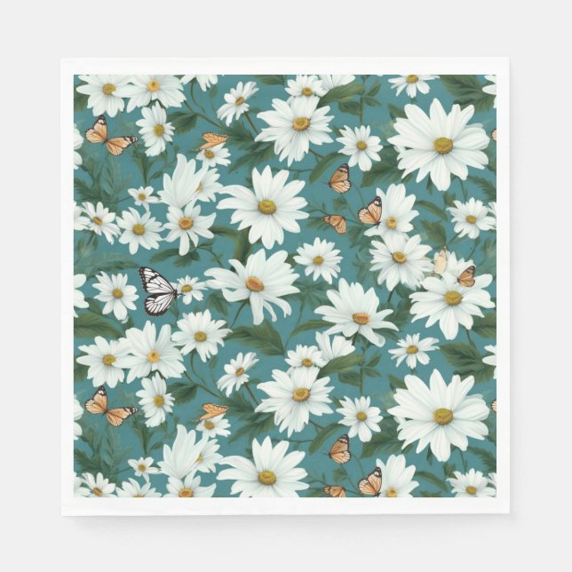 White Daisies and Butterflies Napkins (Front)