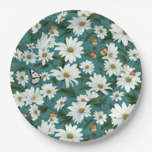 White Daisies and Butterflies Paper Plates