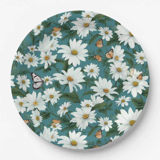 White Daisies and Butterflies Paper Plates (Front)