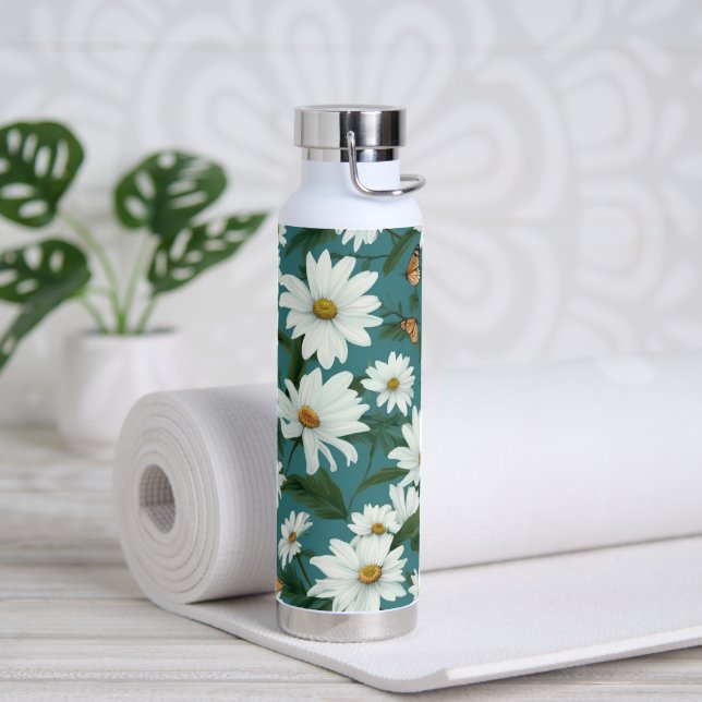 White Daisies and Butterflies Water Bottle (Yoga)