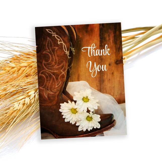 White Daisies and Cowboy Boots Wedding Thank You Postcard