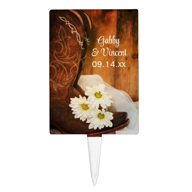 White Daisies and Cowboy Boots Western Wedding Cake Topper (Front)