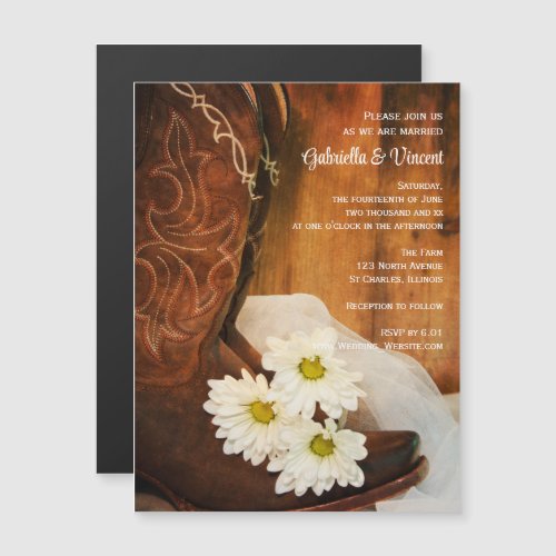 White Daisies and Cowboy Boots Western Wedding Magnetic Invitation
