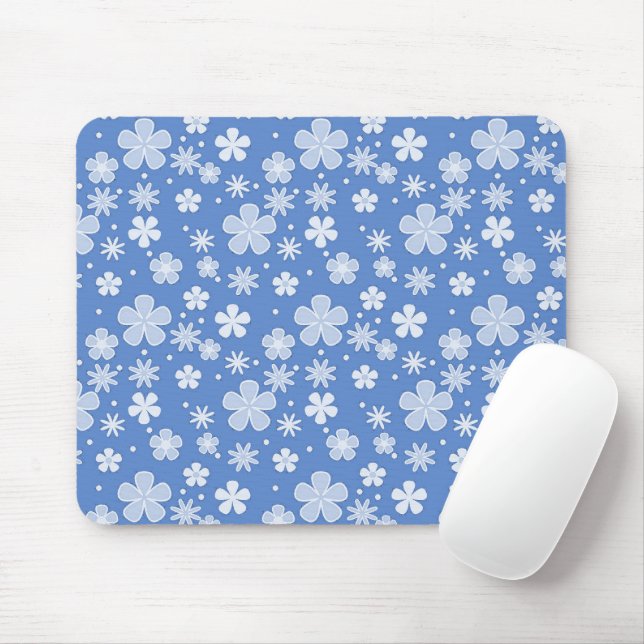 White Daisies and Dots On Blue Mouse Pad (With Mouse)