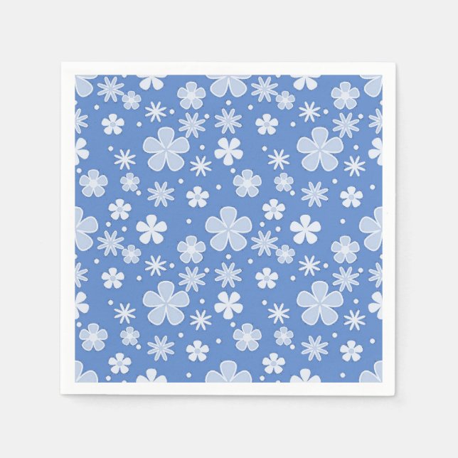 White Daisies and Dots On Blue Napkins (Front)