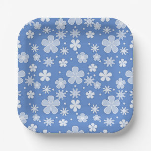 White Daisies and Dots On Blue Paper Plates