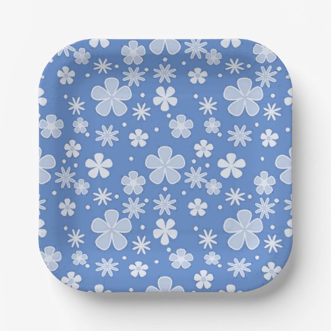 White Daisies and Dots On Blue Paper Plates (Front)