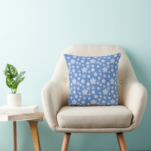 White Daisies and Dots On Blue Throw Pillow