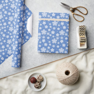 White Daisies and Dots On Blue Wrapping Paper