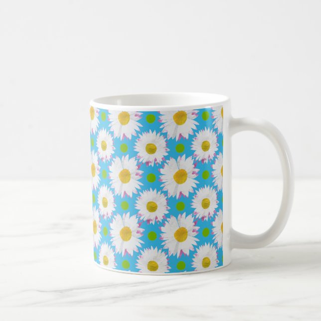 White Daisies and Green Polka Dots on Turquoise Coffee Mug (Right)