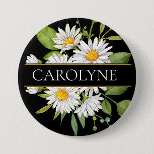 White Daisies and Greenery Floral Monogram Button