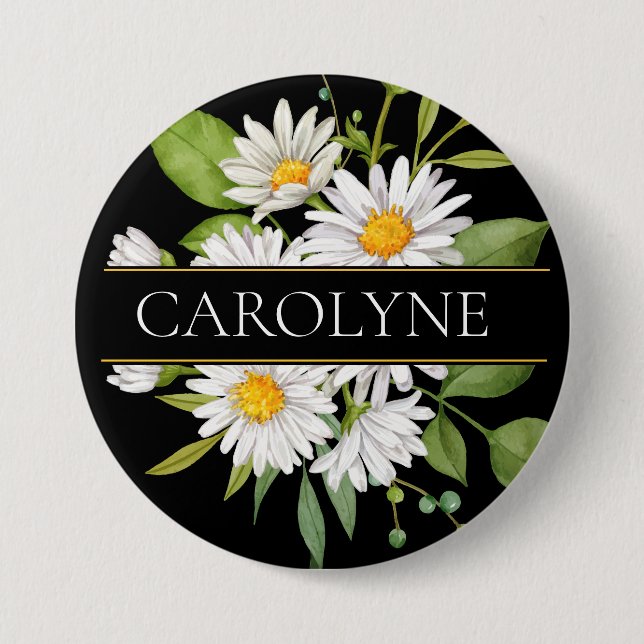 White Daisies and Greenery Floral Monogram Button (Front)