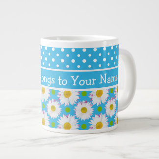 White Daisies and Polka Dots on Sky Blue Large Coffee Mug