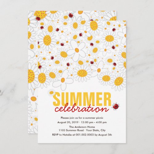 White Daisies And Red Ladybugs Summer Party Invitation