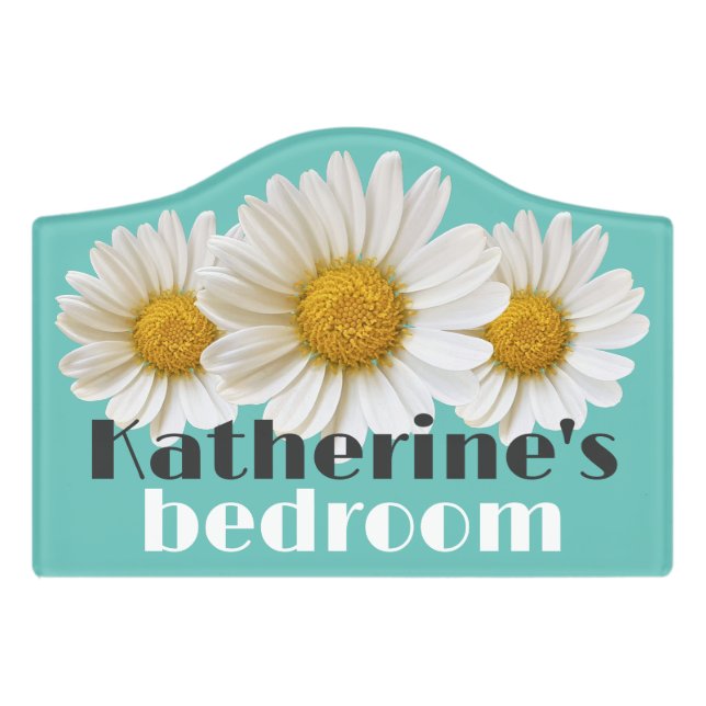 White Daisies Bedroom Light Teal Name Sign (Small Crest Front)