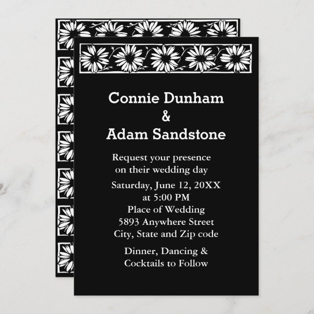 White Daisies Black Border Pattern Wedding Invitation (Front/Back)