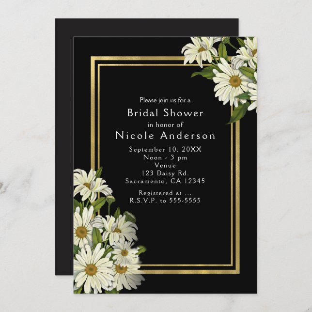 White Daisies Black & Gold Elegant Chic Invitation (Front/Back)