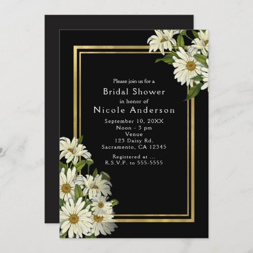 White Daisies Black  Gold Elegant Chic Invitation