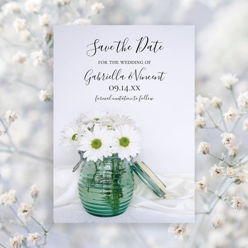 White Daisies Blue Jar Vase Wedding Save the Date