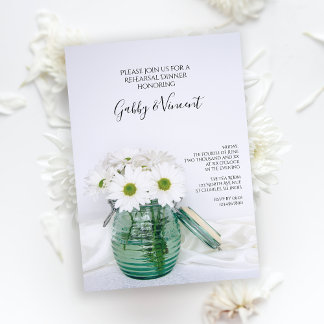White Daisies Blue Jar Wedding Rehearsal Dinner Invitation