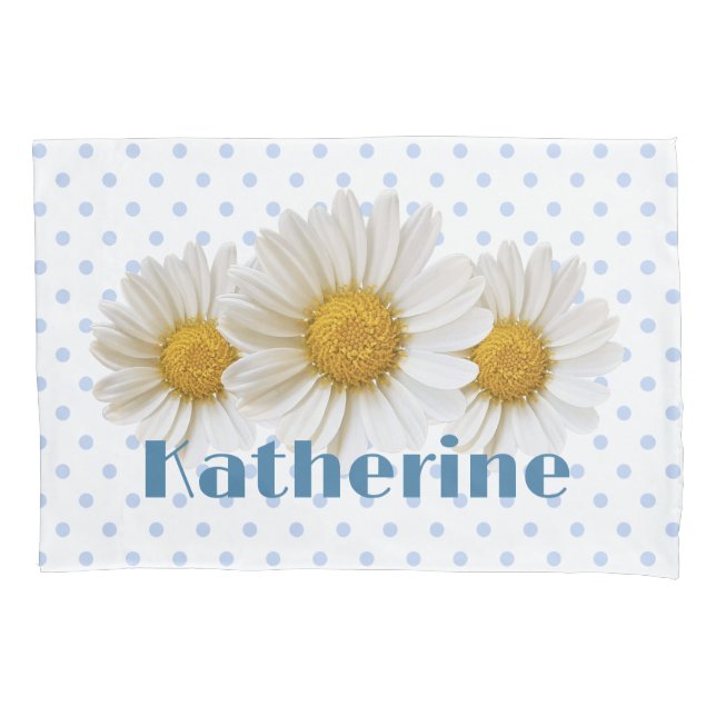 White Daisies Blue Polka Dots and Name Pillow Case (Front)