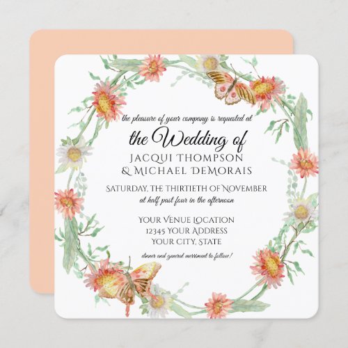 White Daisies Coral Wild Flowers Butterfly Floral Invitation