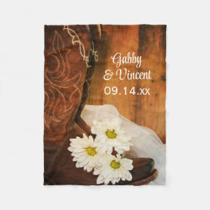 White Daisies Cowboy Boots Country Western Wedding Fleece Blanket