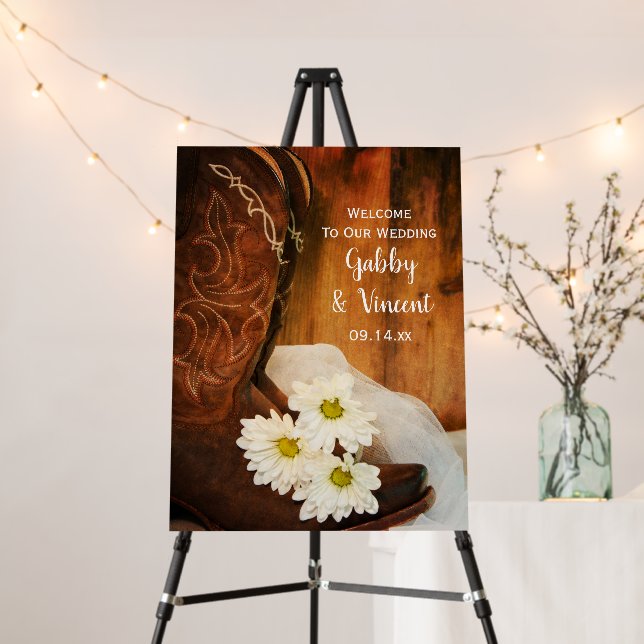 White Daisies Cowboy Boots Country Western Wedding Foam Board (In Situ (Stand))