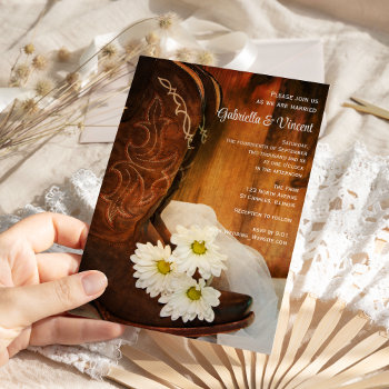 White Daisies Cowboy Boots Country Western Wedding Invitation by loraseverson at Zazzle