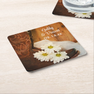 White Daisies Cowboy Boots Country Western Wedding Square Paper Coaster