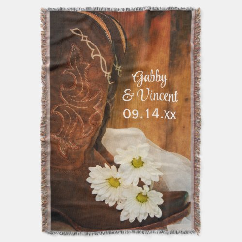 White Daisies Cowboy Boots Country Western Wedding Throw Blanket