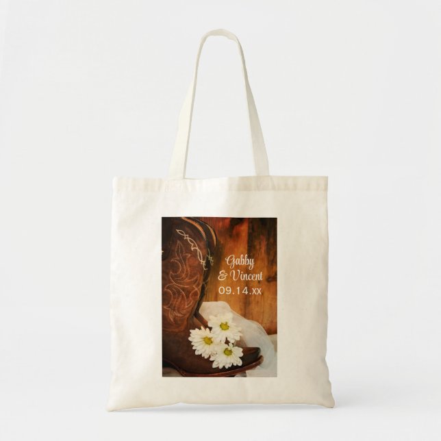 White Daisies Cowboy Boots Country Western Wedding Tote Bag (Front)