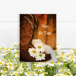 White Daisies Cowboy Boots Wedding Save the Date Announcement Postcard