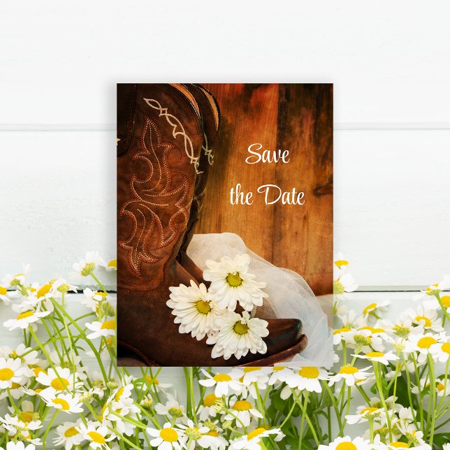 White Daisies Cowboy Boots Wedding Save the Date Announcement Postcard (Creator Uploaded)