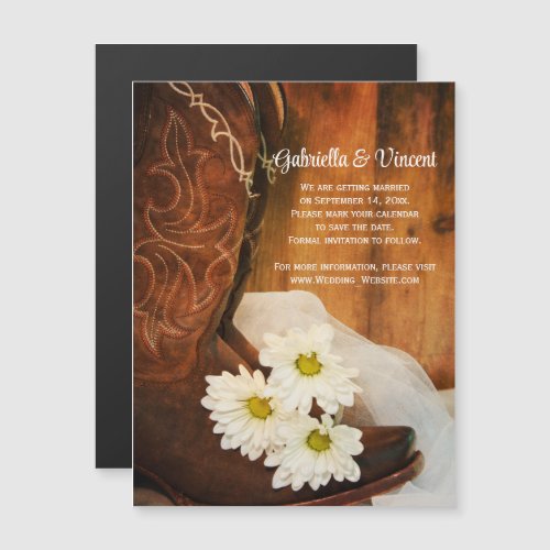 White Daisies Cowboy Boots Wedding Save the Date Magnetic Invitation